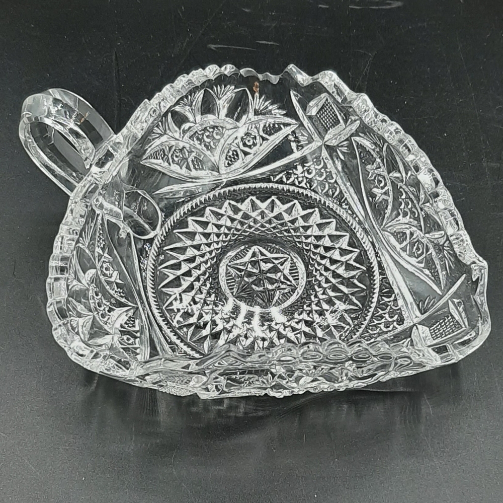 Vintage Brilliant Cut Glass Single Handle Nut Dish 6 3/4" Saw Tooth Edge